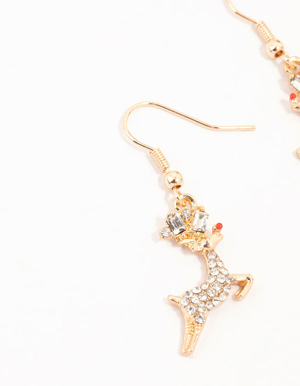 Gold Jumping Diamante Reindeer Earrings