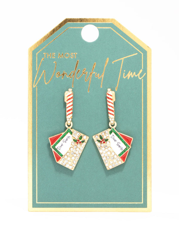 Gold Diamante Santa Letter Drop Earrings