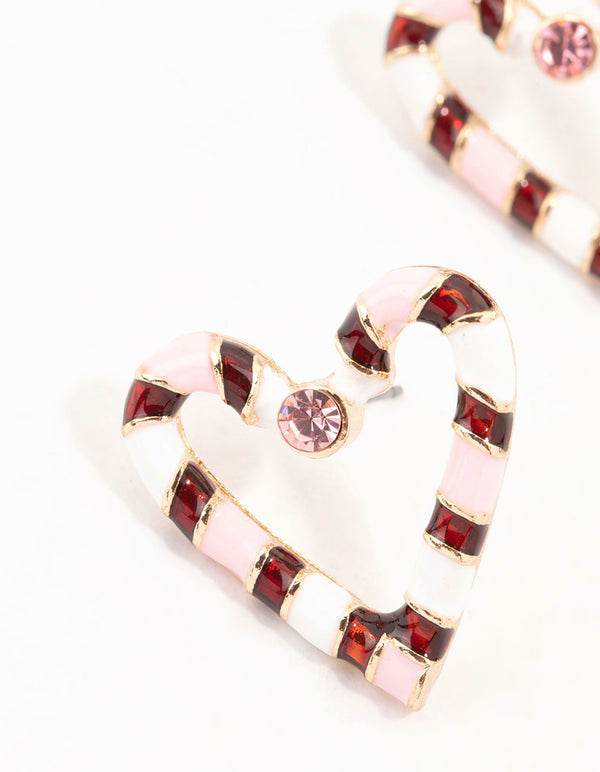 Pink & Red Candy Cane Heart Gold Stud Earrings