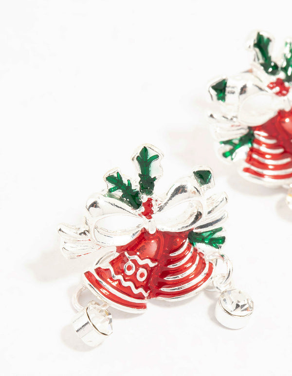 Red & Green Diamante Bells Silver Stud Earrings