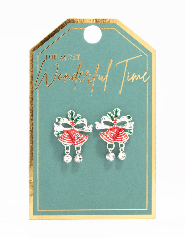 Red & Green Diamante Bells Silver Stud Earrings