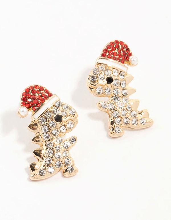 Gold Diamante Dinosaurs Mini Stud Earrings