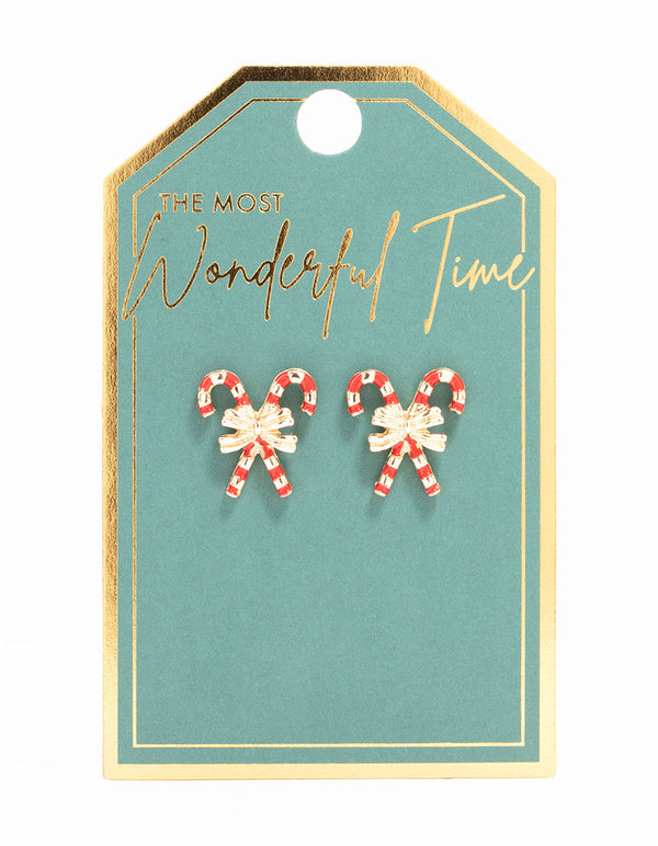 Gold Double Candy Cane & Bow Earrings