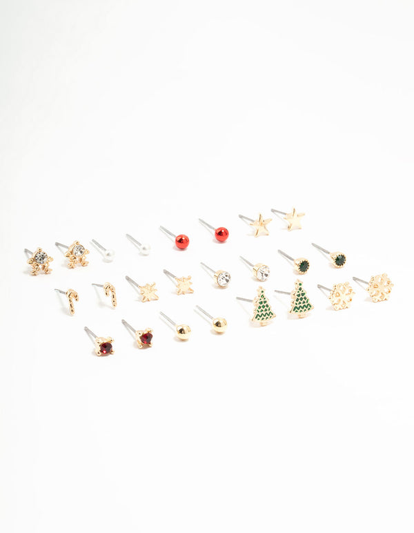 Christmas Tree & Candy Cane Stud Earrings 12-Pack