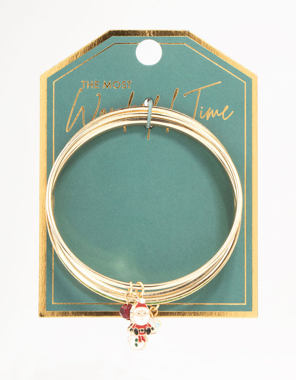 Enamel Santa & Red Bead Gold Charm Bangle