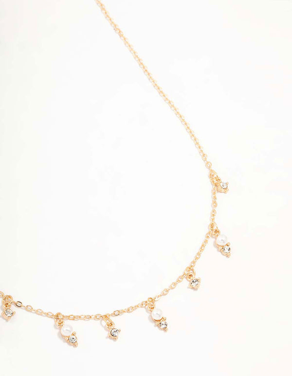 Gold Diamante & Pearl Droplet Necklace