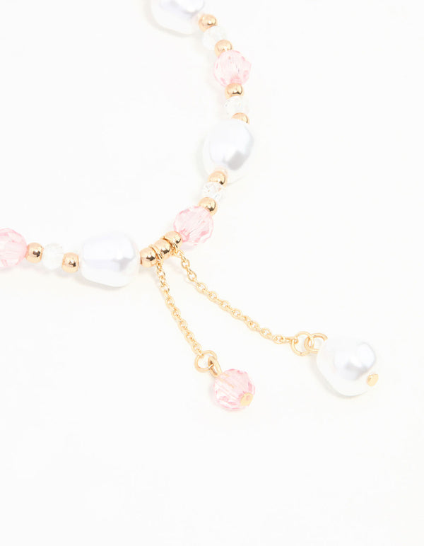 Pink & Gold Beads & Pearls Stretch Bracelet