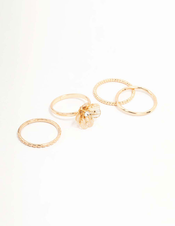 Featuring gold diamante wire flower rings in a dainty 4-pack front view