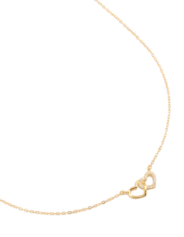 Gold Plated Sterling Silver Double Heart Cubic Zirconia Necklace