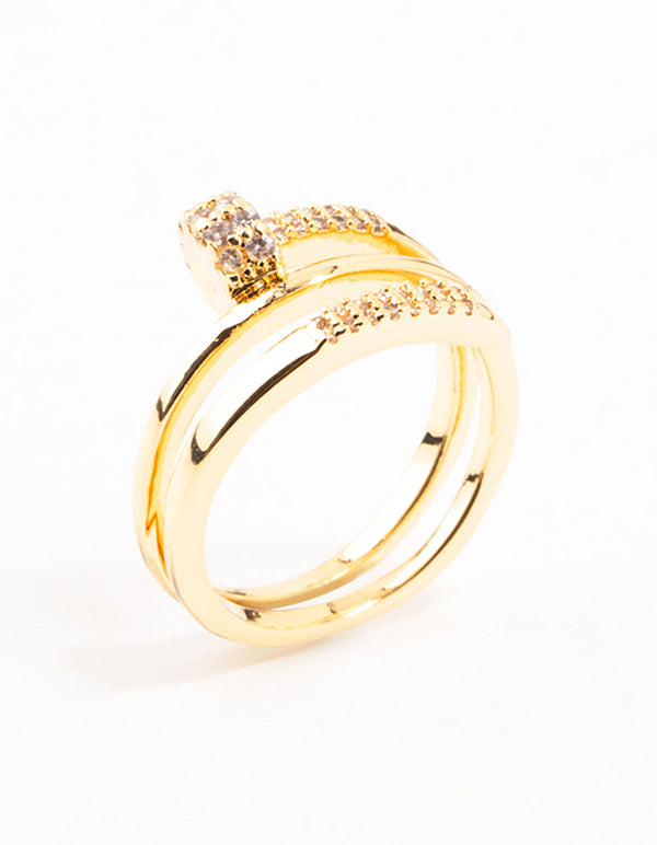 Elegantly designed gold plated cubic zirconia nail wrapped ring with statement styling side detail view