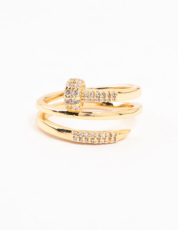 Stunning gold plated cubic zirconia nail wrapped ring featuring statement styling close up view