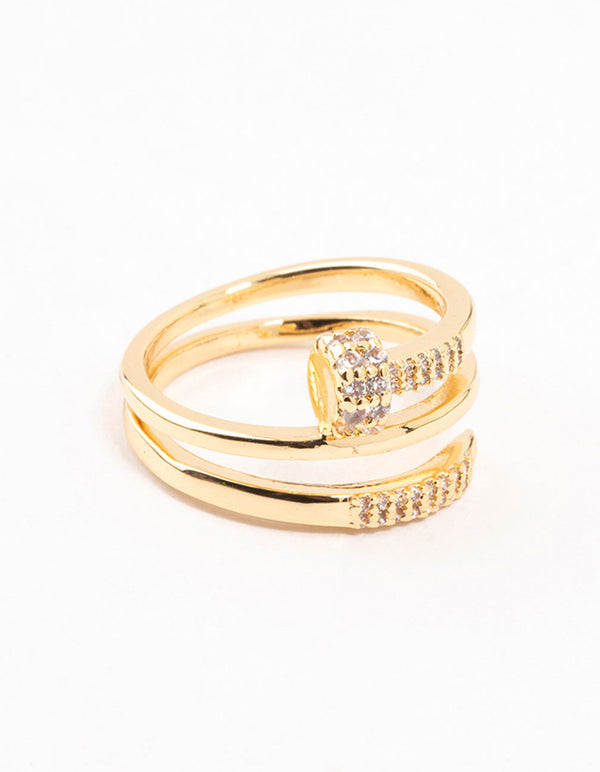 Beautifully crafted gold plated cubic zirconia nail wrapped ring with statement styling front view