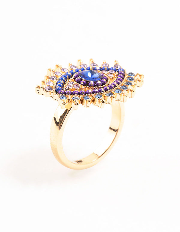 Stunning opulent evil eye ring crafted from gold featuring beads with royal blue, purple and light blue accents side detail view