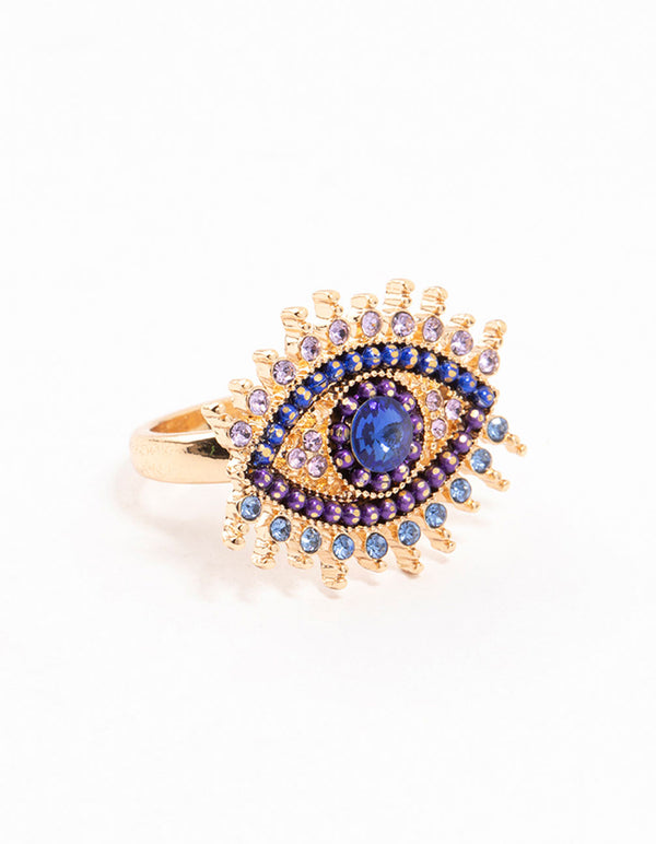 Stunning opulent evil eye ring crafted from gold featuring with royal blue, purple and light blue accents front view