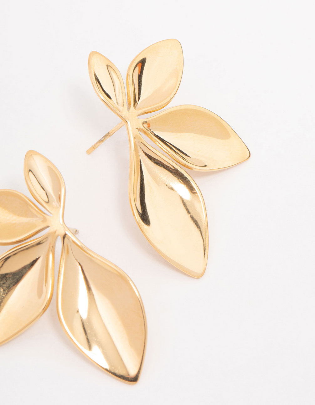 Crafted from waterproof gold plated stainless steel leaf cluster stud earrings post detail view