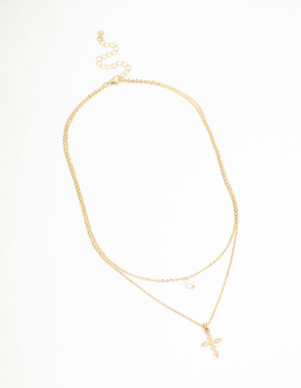 Gold Plated Pearl Diamante Cross Necklaces 2-Pack