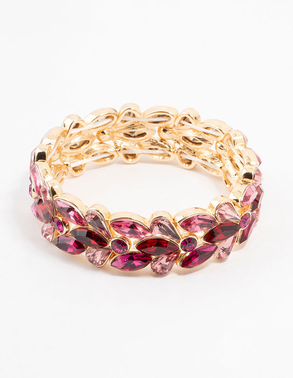 Gold Pink & Red Stone Set Stretch Bracelet