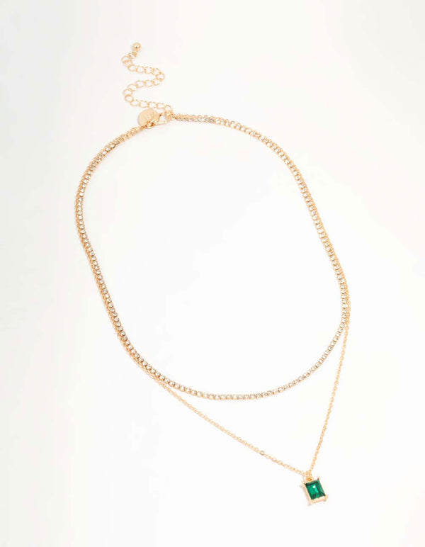 Gold & Green Diamante Layered Chain Necklace