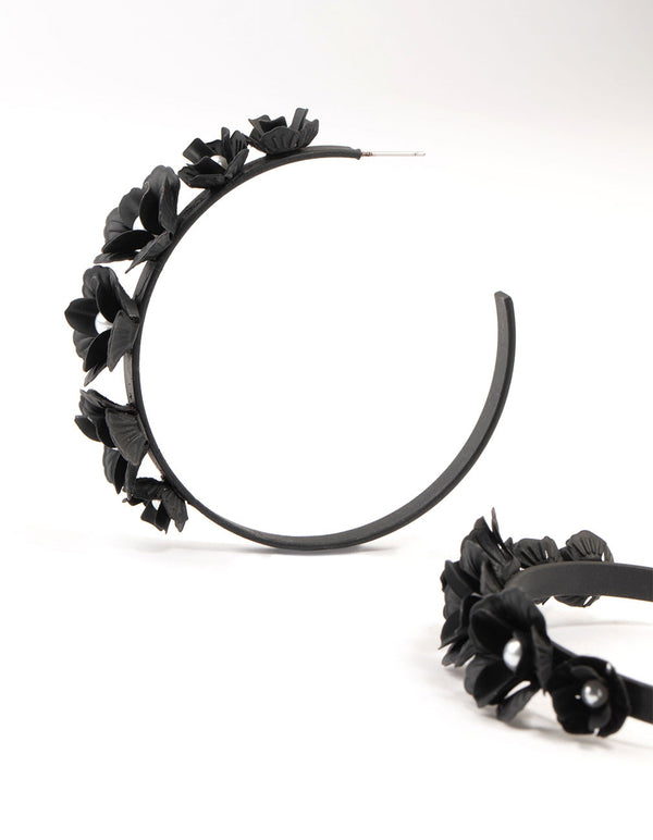 Black Plastic Floral Pearl Hoop Earrings