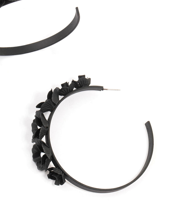 Black Plastic Floral Pearl Hoop Earrings