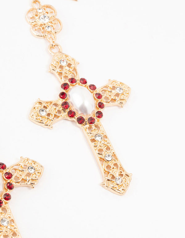 Gold & Red Pearl Large Cross Drop Earrings