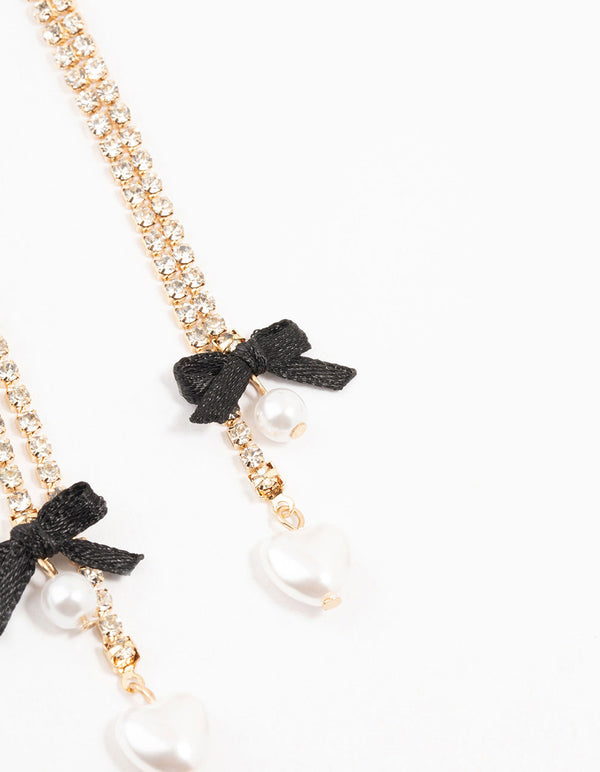 Gold Cup Chain Heart Black Bow Drop Earrings