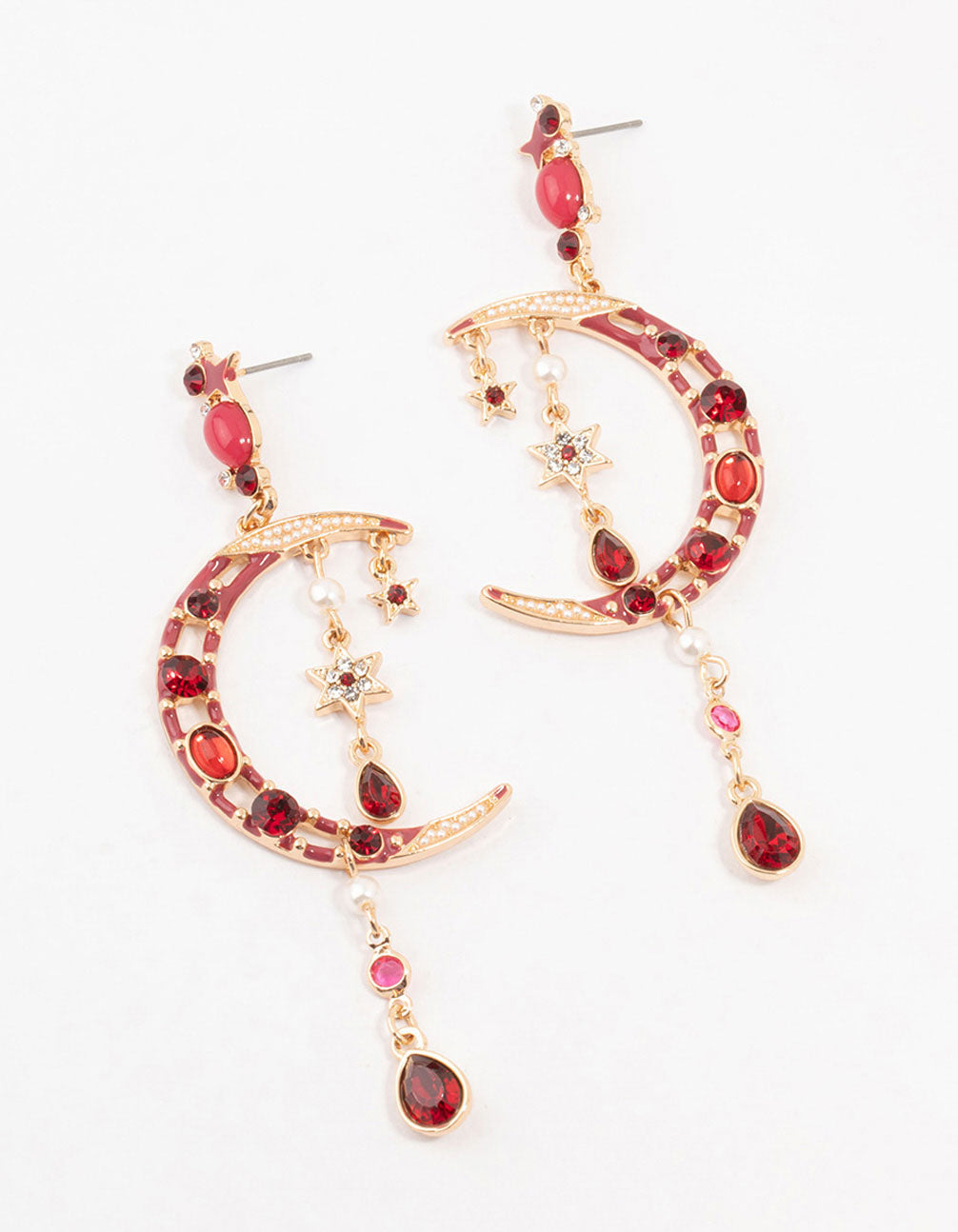Gold Celestial Red Stone Drop Earrings