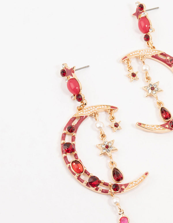 Gold Celestial Red Stone Drop Earrings