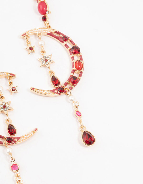 Gold Celestial Red Stone Drop Earrings