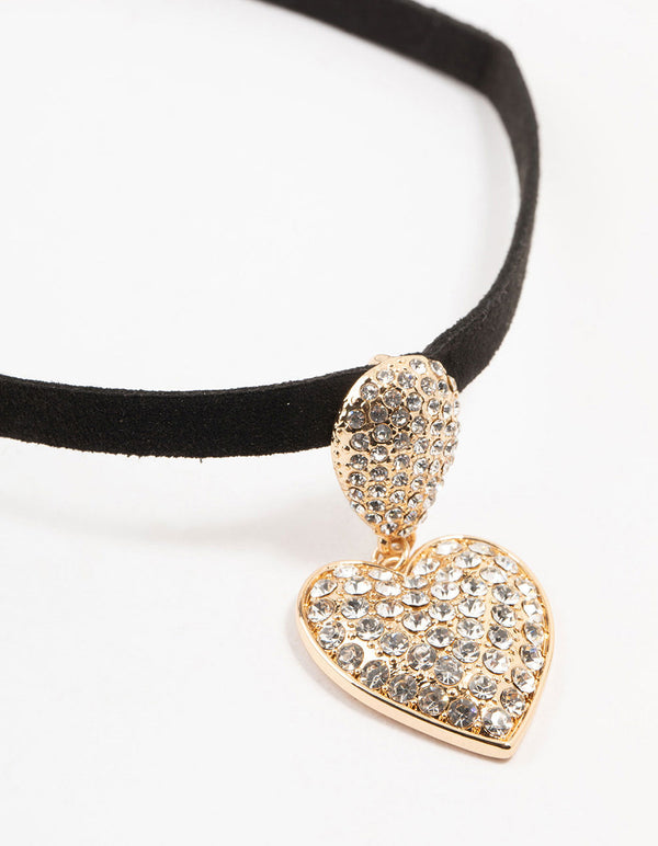 Gold & Black Pave Diamante Heart Choker