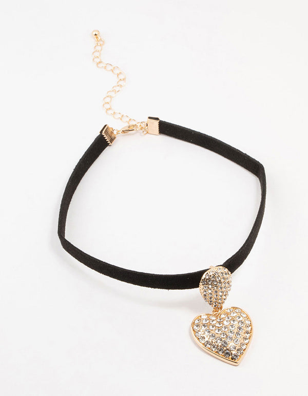 Gold & Black Pave Diamante Heart Choker