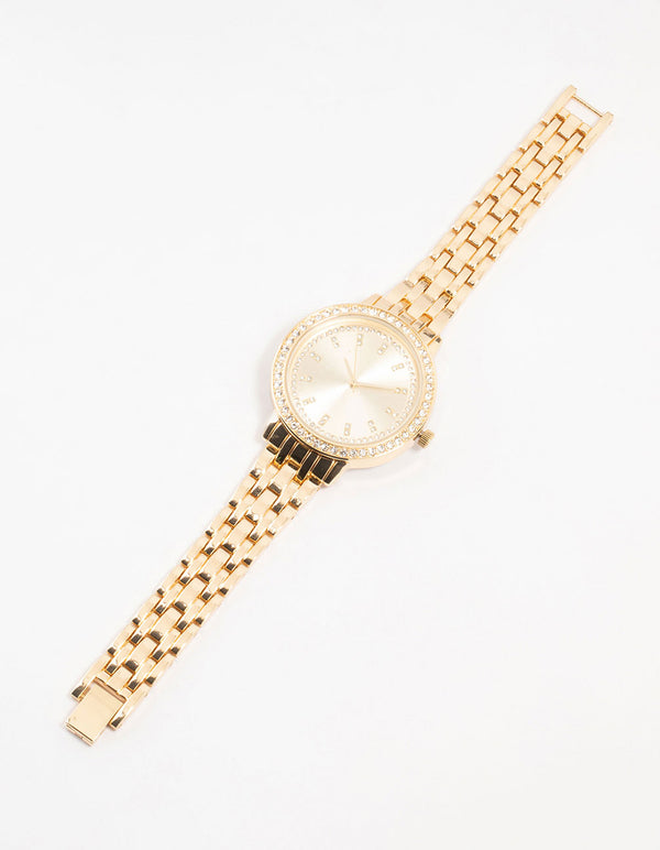 Gold Round Diamante Watch