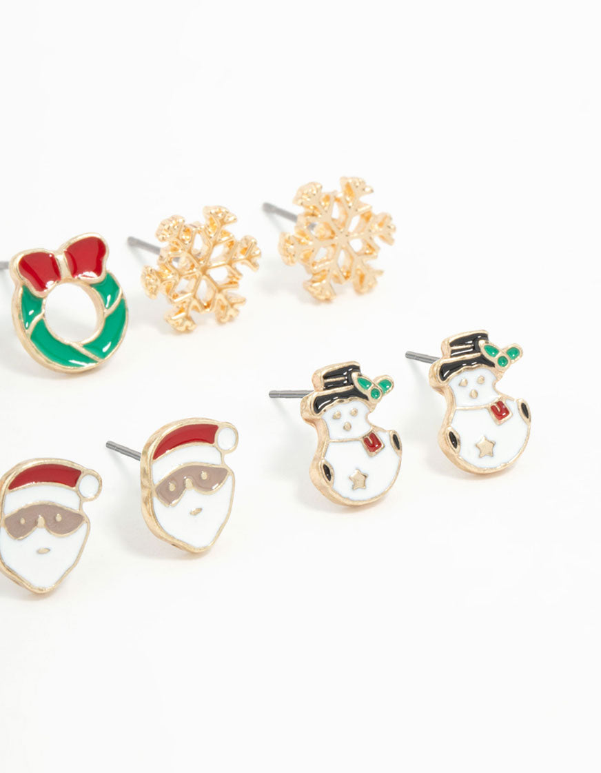 Kids Snowman & Reindeer Stud Earrings 6-Pack
