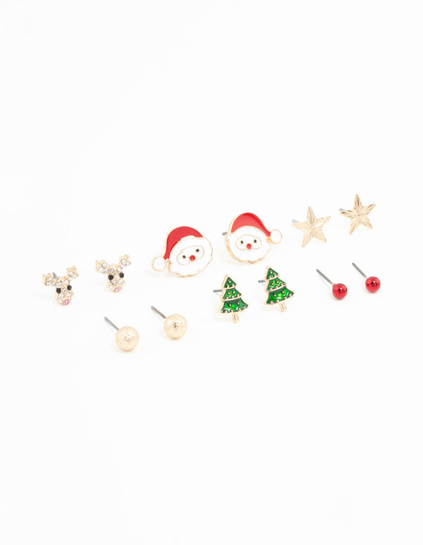Kids Santa & Reindeer Gold Stud Earrings 6-Pack