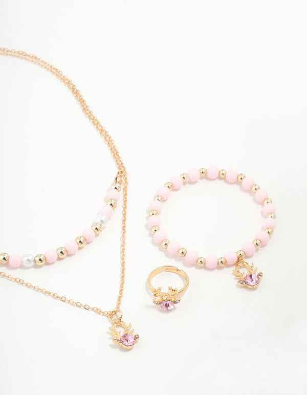 Kids Festive Diamante Reindeer Necklace, Bracelet & Ring Set
