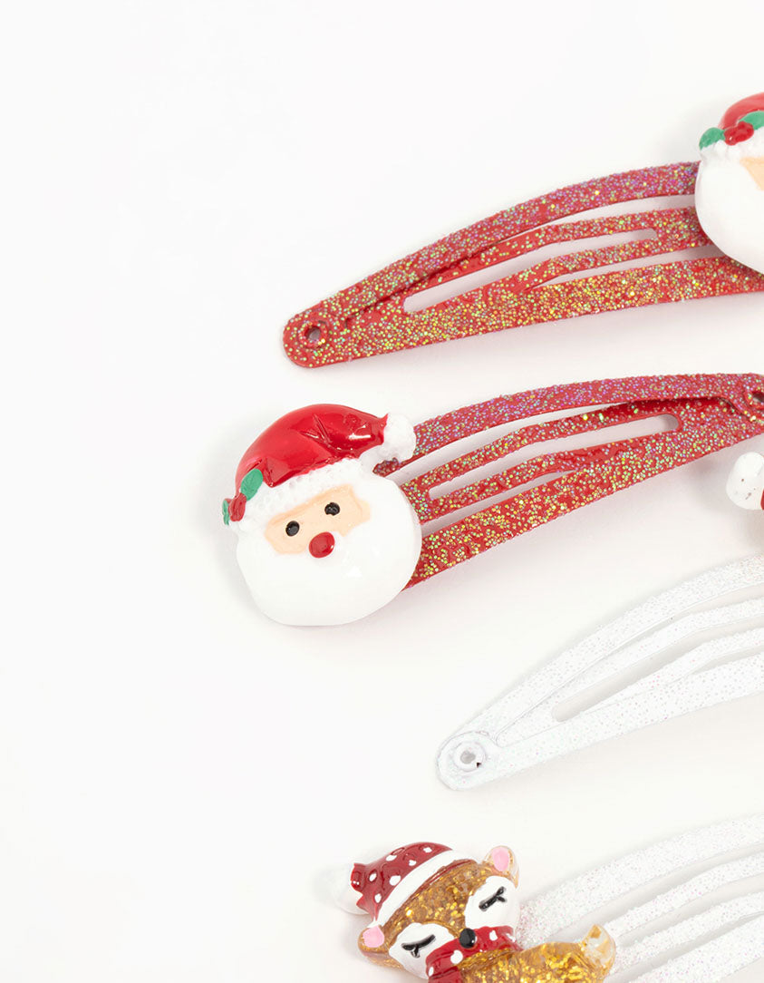 Kids Santa & Reindeer Glitter Snap Clips 6-Pack