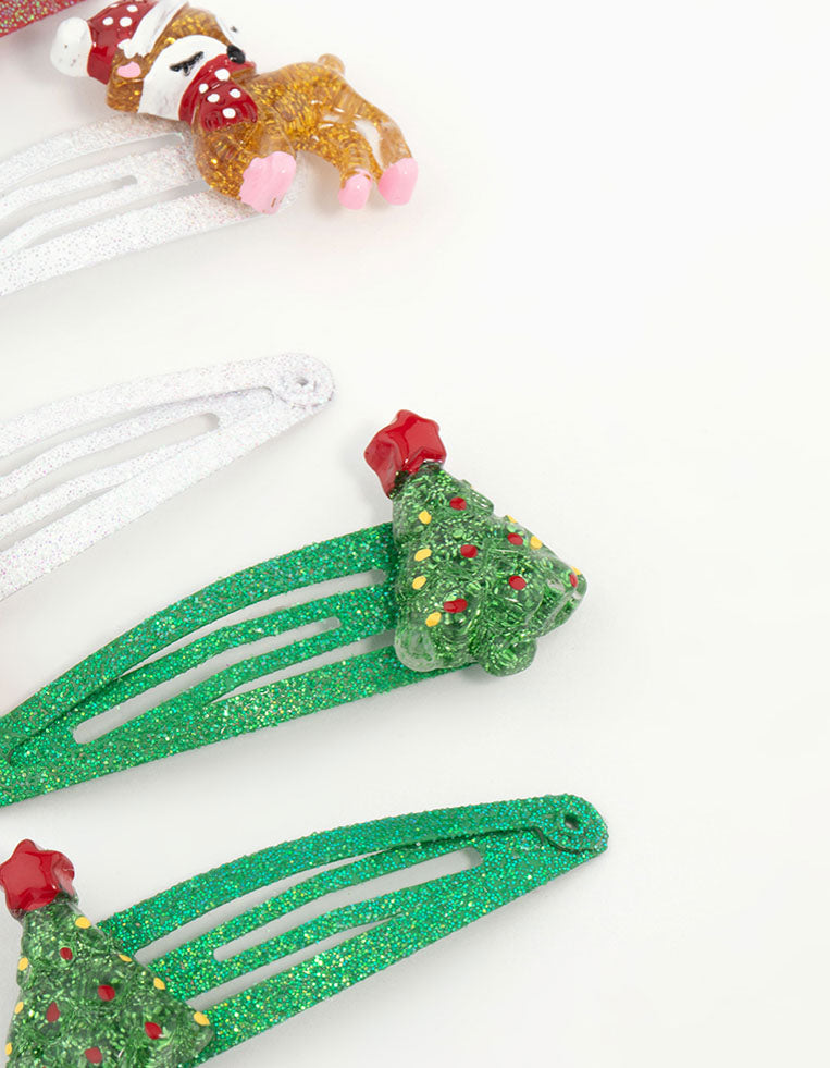 Kids Santa & Reindeer Glitter Snap Clips 6-Pack