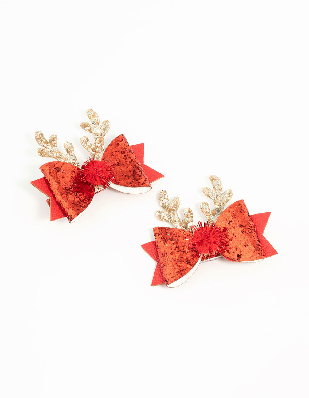 Kids Red Fabric Bow & Reindeer Clips 2-Pack