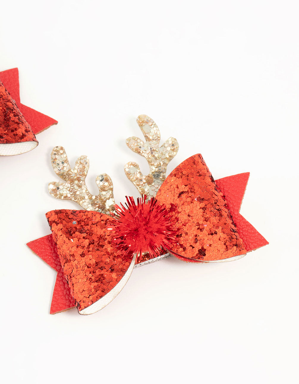 Kids Red Fabric Bow & Reindeer Clips 2-Pack