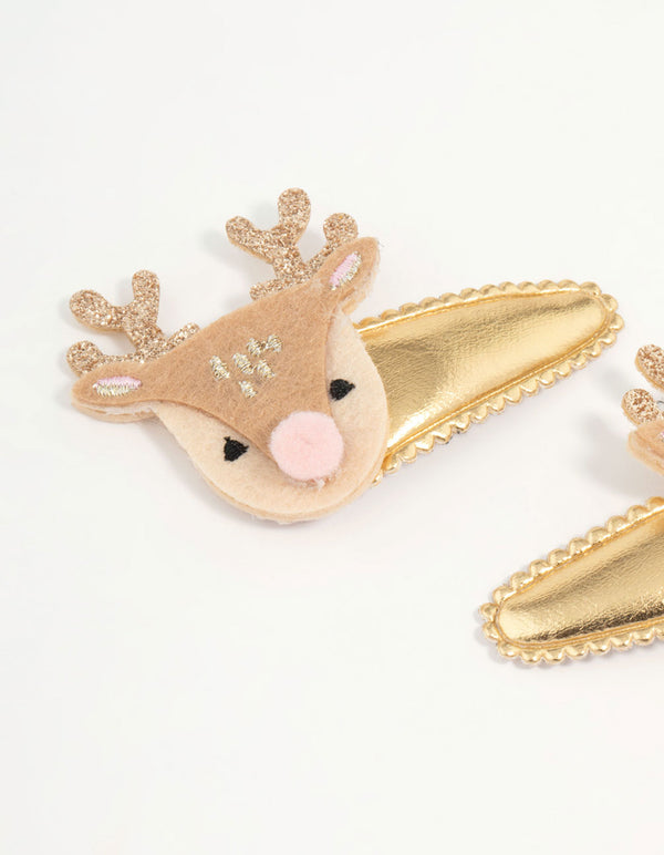 Kids Fabric Reindeer Gold Snap Clips 2-Pack