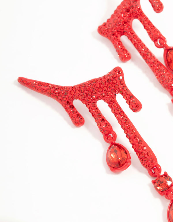 Red Blood Diamante Droplet Drop Earrings