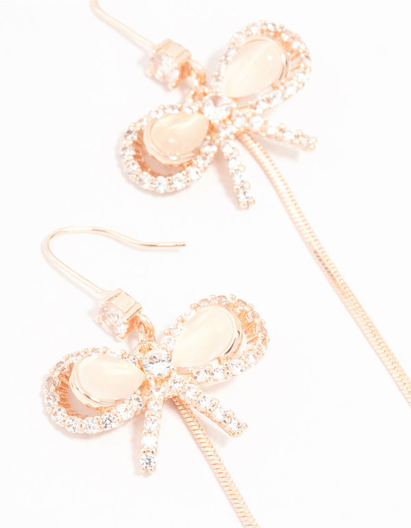 Rose Gold Plated Cubic Zirconia Bow Hook & Freshwater Pearl Drop Earrings
