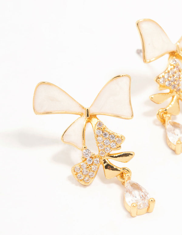 Real Gold Plated Cascading Cubic Zirconia & Cream Bow Drop Earrings