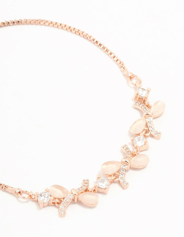 Rose Gold Plated Trio Woven Cubic Zirconia Pink Bows Toggle Bracelet