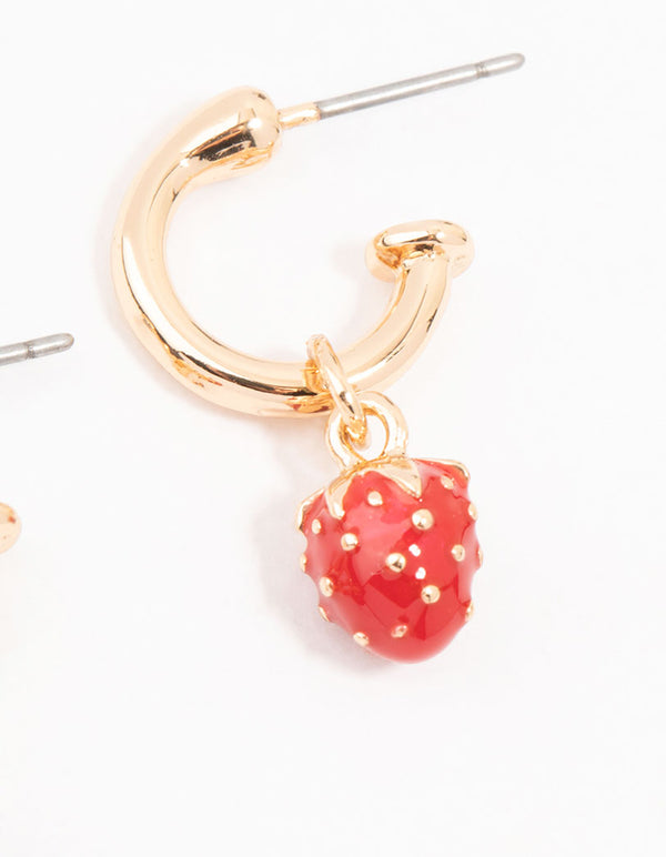 Gold Enamel Strawberry Huggie Earrings