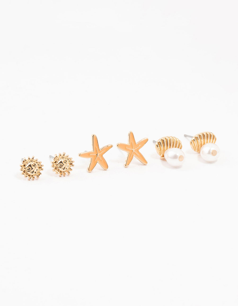 Gold Starfish, Shell & Sun Earrings 3-Pack
