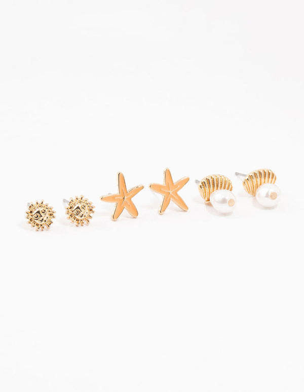 Gold Starfish, Shell & Sun Earrings 3-Pack