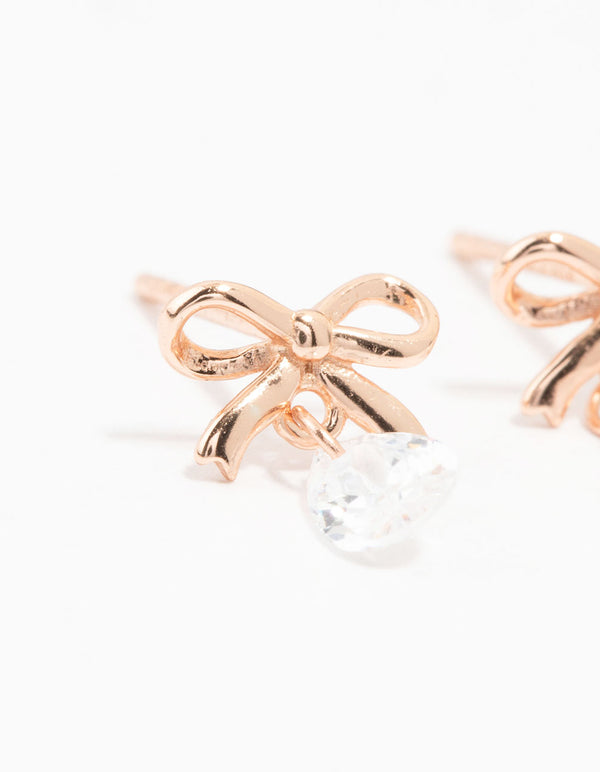 Rose Gold Plated Sterling Silver Bow And Pear Shaped Cubic Zirconia Stud Earrings