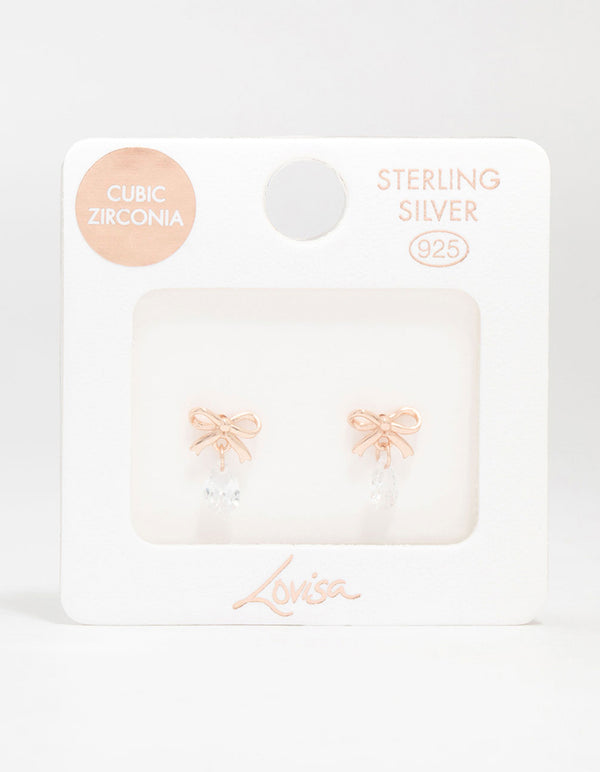 Rose Gold Plated Sterling Silver Bow And Pear Shaped Cubic Zirconia Stud Earrings