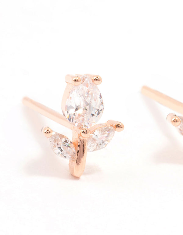 Rose Gold Plated Sterling Silver Cubic Zirconia Flower Stem Stud Earrings
